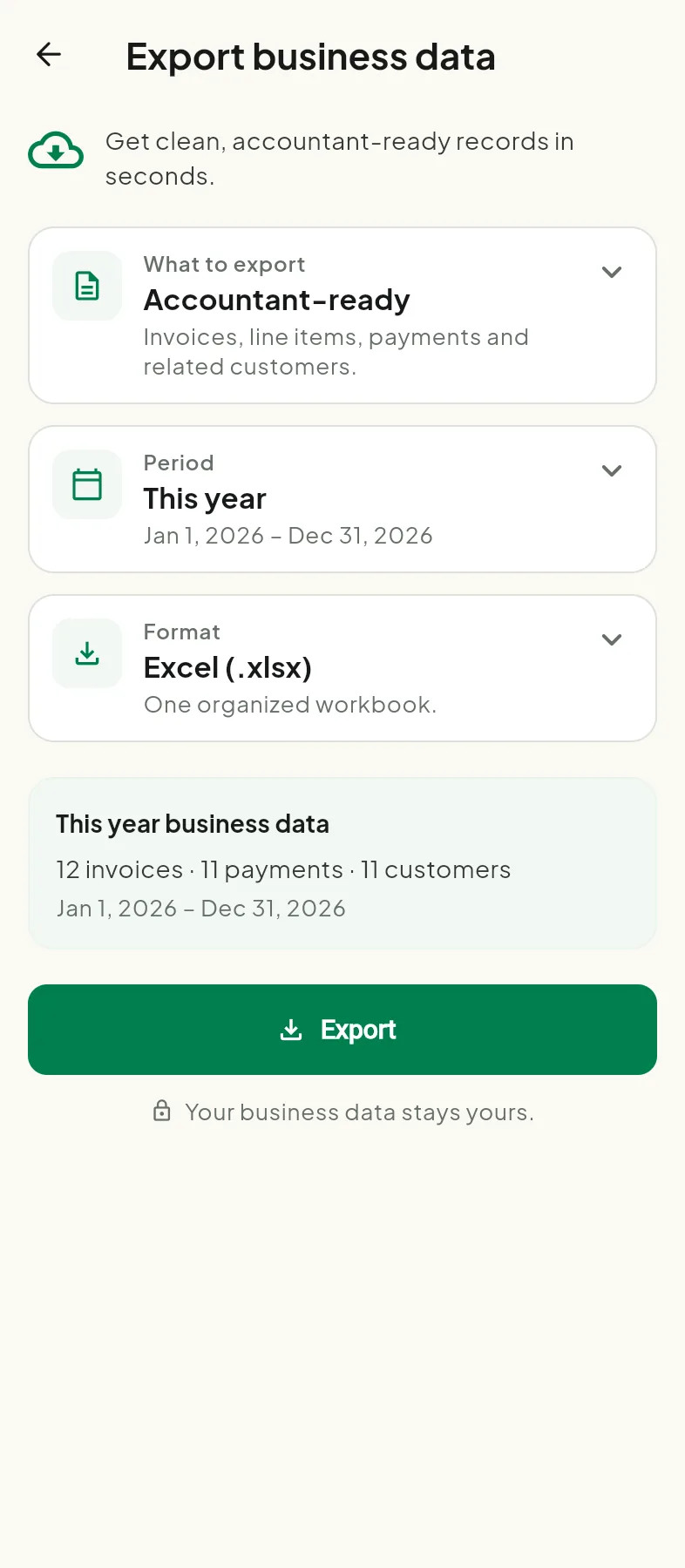 Tradoc accountant-ready export with period, format, and record summary