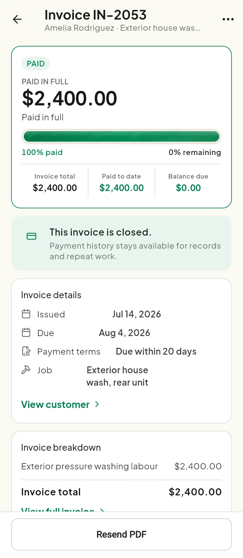 Tradoc paid-in-full invoice with zero balance