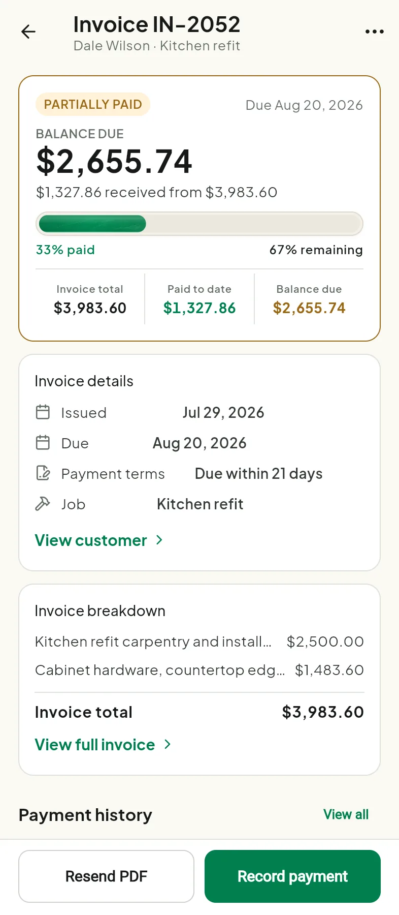 Tradoc invoice showing paid amount, balance due, progress, and Record payment