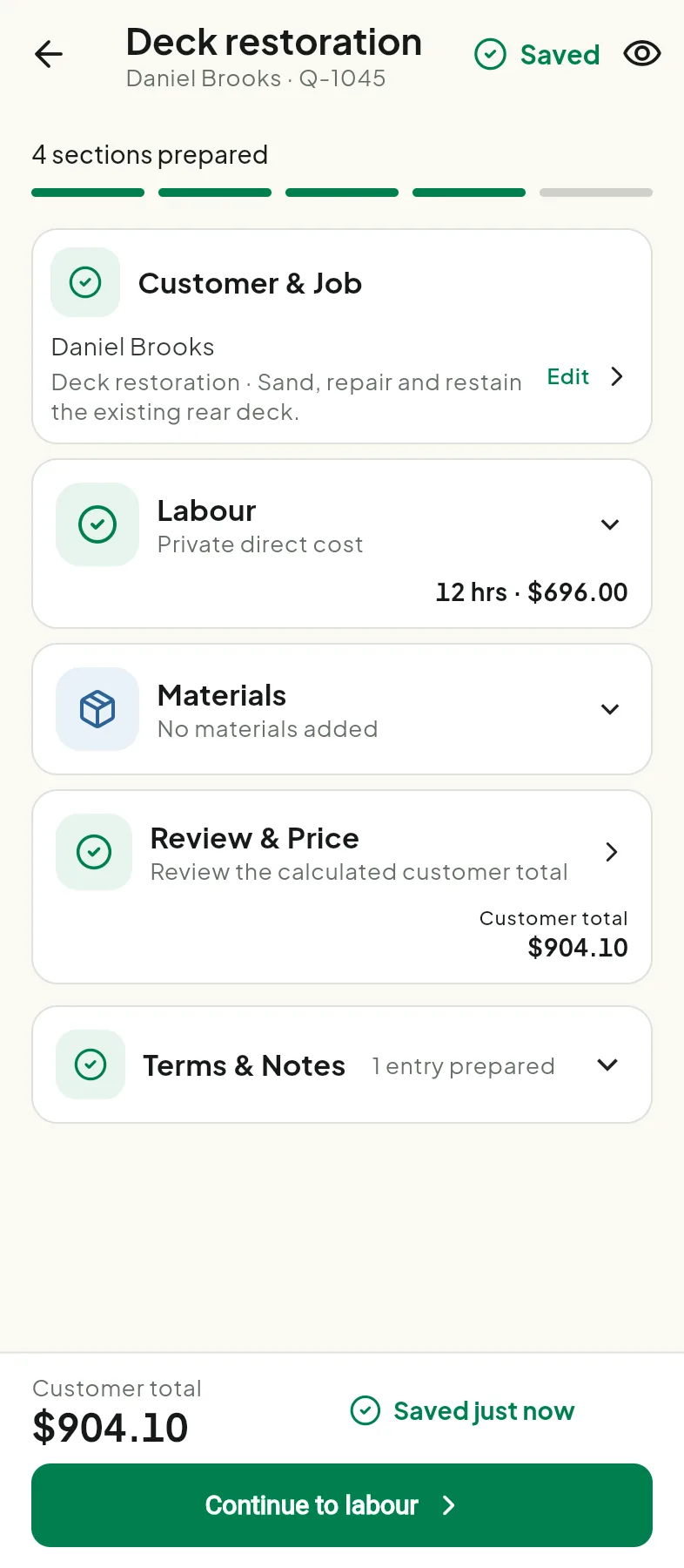 Tradoc quote builder with a selected customer, prepared sections, and a live customer total
