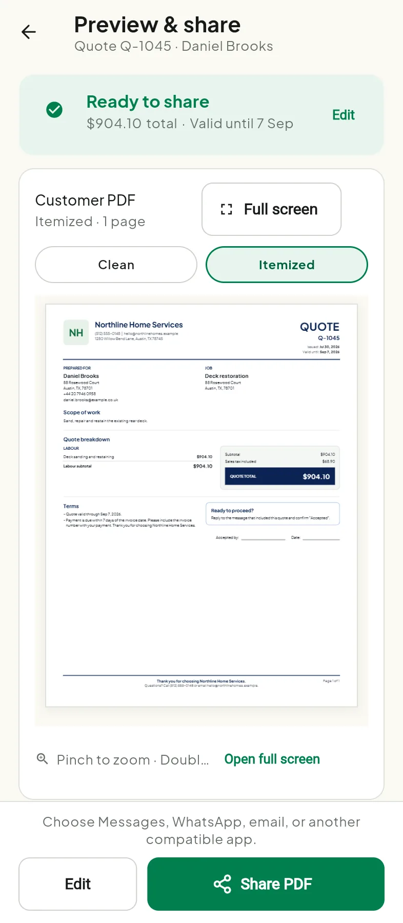 Tradoc customer quote PDF preview, ready to share